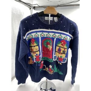 Vintage Robert Scott M Blue Christmas Sweater Crew Neck Sled Tree Wreath